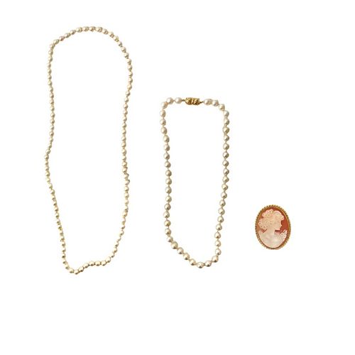 (2) Pearl Necklace 14K Clasp & cameo pendant