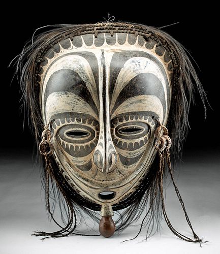 Early 20th C. PNG Sepik River Wood Mask w/ Feathers