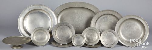 English pewter chargers, platter, compote, etc.