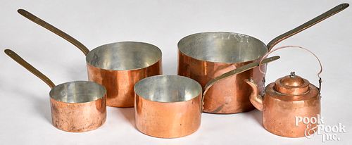 Nest of four dovetailed copper pots