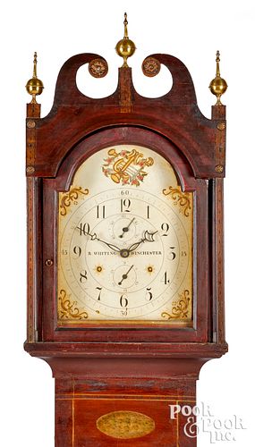 New England painted pine tall case clock