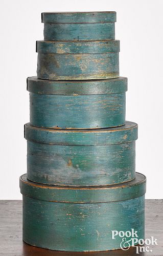 Stack of five painted bentwood pantry boxes