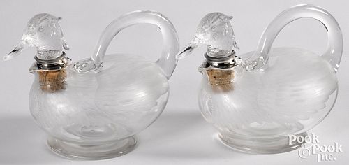 Pair of English etched glass duck decanters
