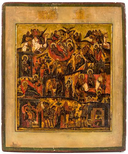 A RUSSIAN ICON WITH SCENES OF THE NATIVITY OF CHRIST, MOSCOW SCHOOL, PROBABLY 17TH CENTURY