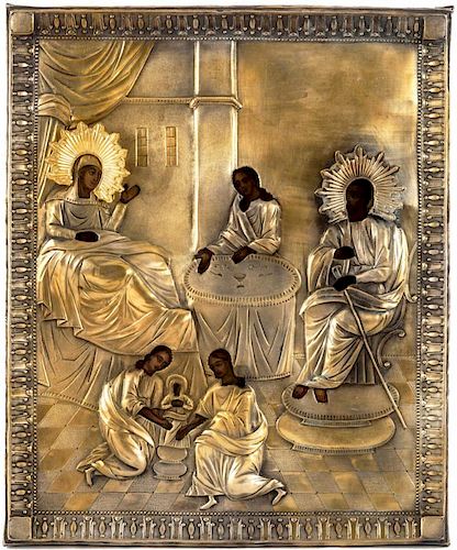 A RUSSIAN ICON OF THE NATIVITY OF THE BLESSED VIRGIN IN A GILT SILVER OKLAD, MOSCOW, 1816
