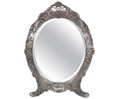 Antique Tiffany Repousse Sterling Silver Standing Vanity Mirror, circa 1900