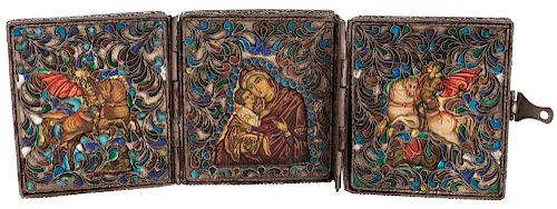 A RUSSIAN CLOISONNE ENAMEL TRIPTYCH TRAVELING ICON, 19TH-20TH CENTURY