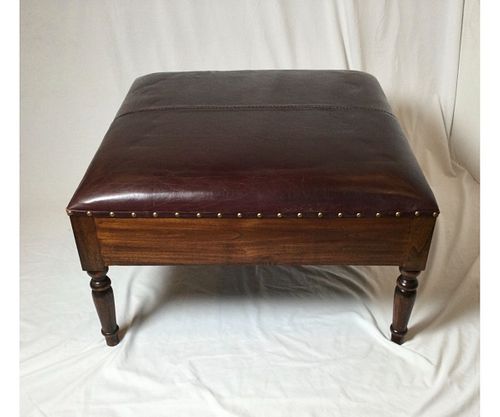 Large Leather and Wood Ottoman