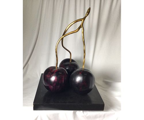 Bronze Patinated Painted Oversized Cherries on Wood Base