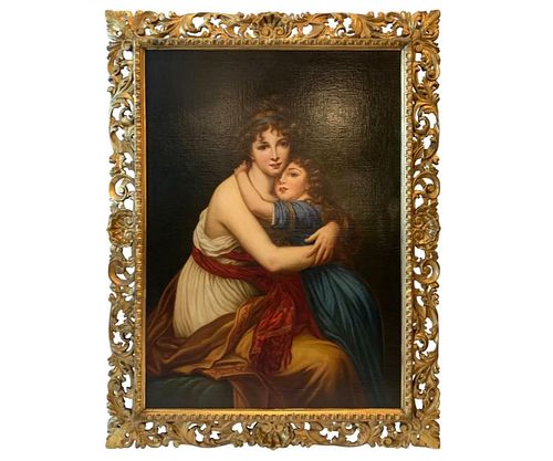 Original Continental School Oil on Canvas of Mother and Daughter