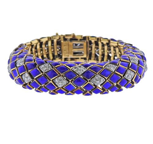 David Webb Blue Enamel Diamond 18k Gold Platinum Bracelet
