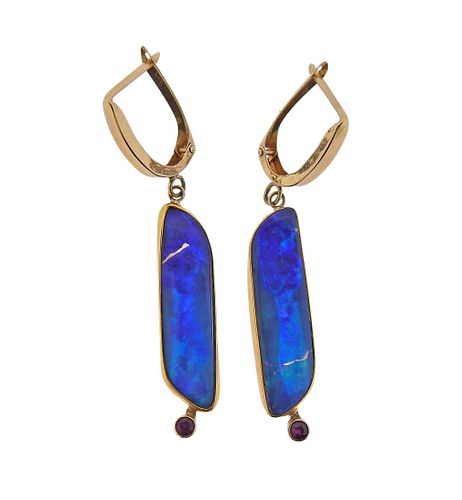 Designer Signed 14k 22k Gold Black Opal Ruby Drop Earrings