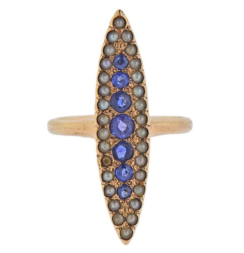 Antique Victorian 18k Gold Sapphire Seed Pearl Ring 