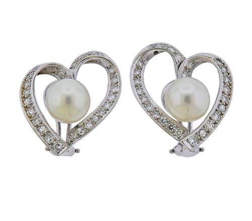 14k Gold Diamond Pearl Heart Earrings