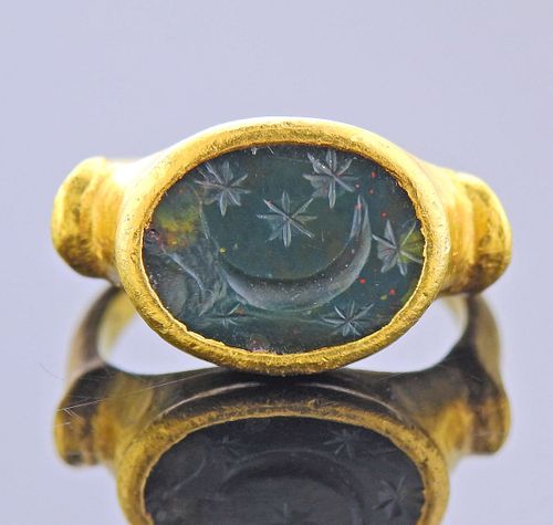 20k Gold Ring with Ancient Bloodstone Intaglio 