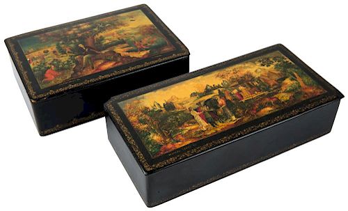 A PAIR OF SOVIET LACQUER KEEPSAKE BOXES WITH SCENES FROM FAIRY TALES BY ALEXANDER PUSHKIN AND AN EPISODE FROM A RURAL LIFE, A. SMIRNOV, MSTYORA, 1940S