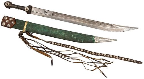 A CURVED-POINT KINDJAL SWORD WITH BELT AND PERSIAN COINS, EARLY 19TH CENTURY