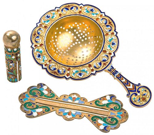 A GROUP OF THREE GILT SILVER AND ENAMEL RUSSIAN REVIVAL STYLE OBJECTS, VARIOUS MAKERS, LATE 19TH-EARLY 20TH CENTURY
