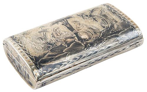 A SILVER AND NIELLO SNUFF BOX WITH STYLIZED GENRE SCENES, MARKED CD, MOSCOW, 18TH CENTURY
