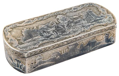 A PARCEL GILT SILVER AND NIELLO SNUFF BOX WITH STYLIZED GENRE SCENES, MOSCOW, 18TH CENTURY