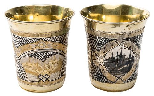 A PAIR OF GILT SILVER AND NIELLO TUMBLERS, MOSCOW, MID 19TH CENTURY