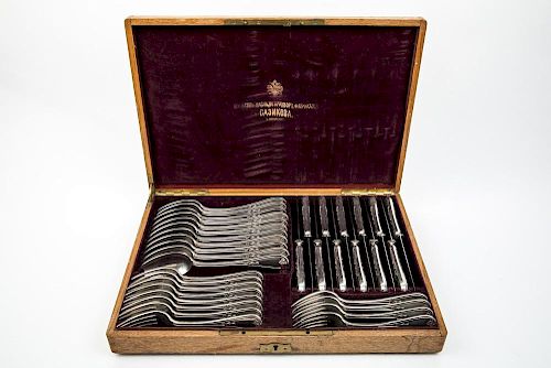 A SET OF DINNER SPOONS, KNIVES AND FORKS FOR 12 PEOPLE IN AN ORIGINAL LINED WOODEN CASE, MARKED SAZIKOV WITH AN IMPERIAL WARRANT, ST. PETERSBURG, LAST