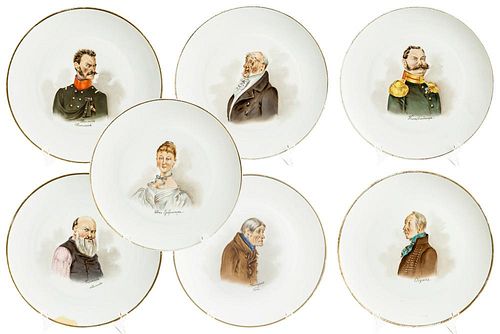 A RARE SET OF SEVEN CHARGER PLATES WITH CHARACTERS FROM GOGOLS DEAD SOULS, KUZNETSOV PORCELAIN MANUFACTORY, MOSCOW, EARLY 20TH CENTURY