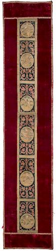 AN ANTIQUE VELVET AND BROCADE TAPESTRY WITH RELIGIOUS IMAGERY