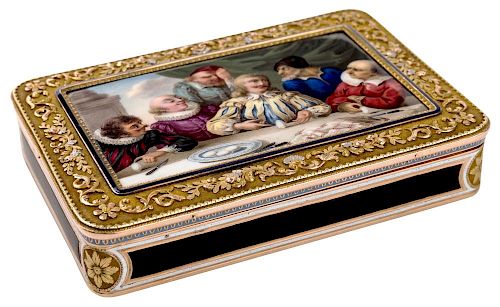 A CONTINENTAL VARI-GOLD AND ENAMEL SNUFF BOX SET WITH A MINIATURE PAINTING OF COLUMBUS BREAKING THE EGG, 18-19TH CENTURY