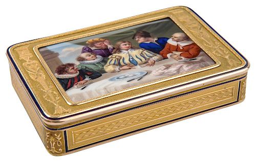 A CONTINENTAL GOLD AND ENAMEL SNUFF BOX SET WITH A MINIATURE PAINTING OF COLUMBUS BREAKING THE EGG, MARKED MM, 18-19TH CENTURY