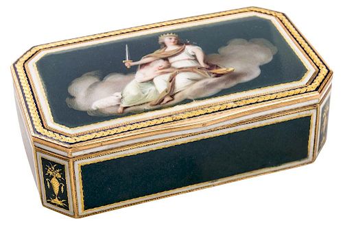 A CONTINENTAL GOLD AND ENAMEL SNUFF BOX WITH A PAINTING OF JUSTICE PROTECTING THE INNOCENT, 18-19TH CENTURY