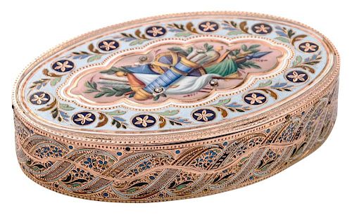 A CONTINENTAL ROSE GOLD AND CHAMPLEVE ENAMEL SNUFF BOX, 18-19TH CENTURY