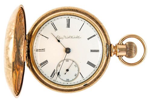 A FINELY ENGRAVED GEM-SET HUNTER CASED POCKET WATCH, ELGIN WATCH COMPANY, CIRCA 1886, MOVEMENT NO. 3575000, CASE & CUVETTE NO. 2049317