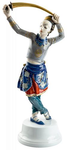 A PORCELAIN FIGURE OF A CHINESE DANCER (TSCHAOKIUN SWORD DANCER), ROSENTHAL, HOLZER-DEFANTI, CIRCA 1919