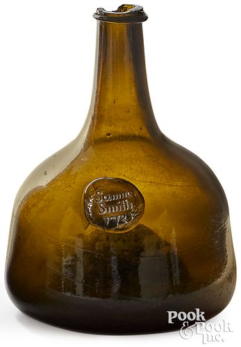 English blown olive glass squat bottle
