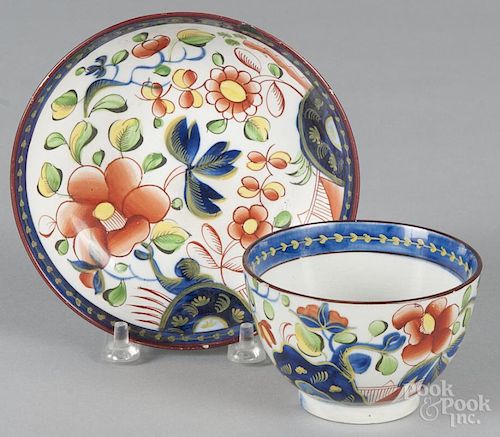 Gaudy Dutch porcelain single-rose cup and saucer, 19th c.