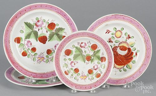 Three pearlware strawberry plates, 19th c., 8 1/4'' dia. and 6 1/4'' dia.