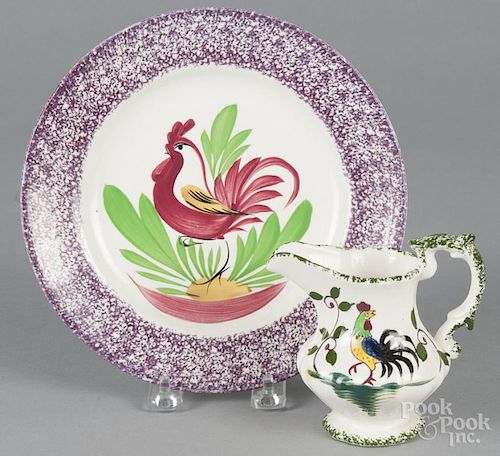 Sarreguemines spatterware plate with rooster, late 19th c., 8 1/4'' dia.