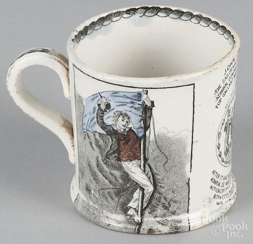 Staffordshire transferware mug, 19th c., inscribed John Crawford, with a nautical scene and script