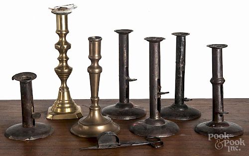 Five tin hogscraper candlesticks, 19th c., three impressed Shaw, tallest - 7 1/2''