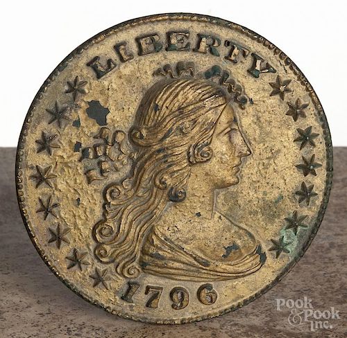 Composition 1796 Liberty coin medallion retaining an old gilt surface over a green surface