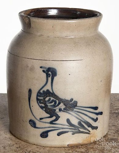 Stoneware crock, 19th c., probably New York, with cobalt bird decoration, 8 3/4'' h.