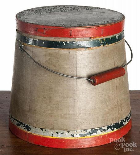 Painted mince meat bucket, ca. 1900, 10'' h., retaining an old red, blue, and green surface.