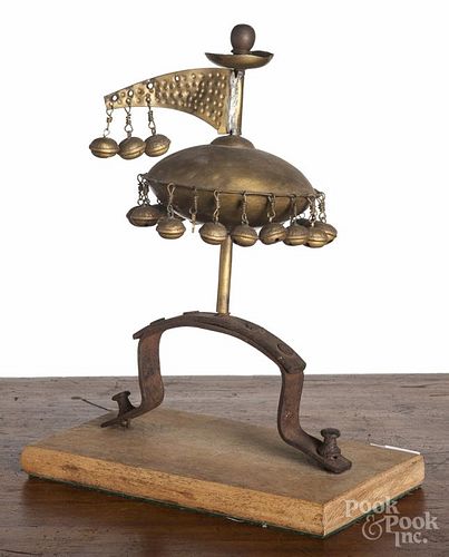 Brass and iron harness bell, 19th c., with an unusual pinched banner finial, 9 1/2'' h.