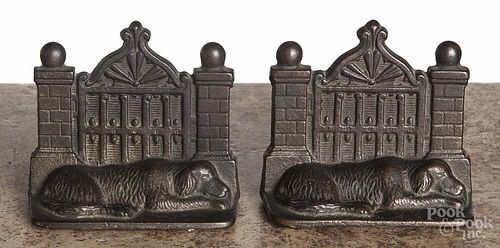 Pair of bronze bookends, ca. 1900, with a sleeping dog, 3 3/4'' h., 4'' w.