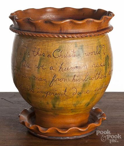 Greg Shooner redware flowerpot, signed and dated 2002, with a poetic inscription, 8 1/2'' h.