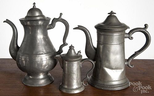 Two pewter coffee pots, 19th c., one impressed Charles Yale Wallingford, 11 1/2'' h.