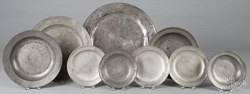 Nine pewter plates, 18th/19th c., to include five Townsend & Compton plates, largest - 18'' dia.
