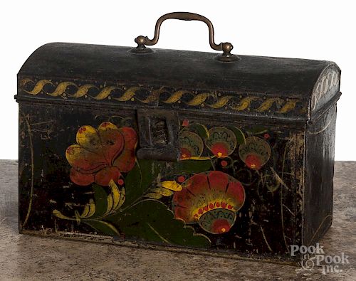 Painted toleware document box, 19th c., with floral decoration, 5 3/4'' h.
