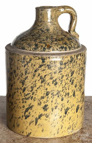 Yelloware jug, 19th c., with blue sponged decoration, 11'' h.